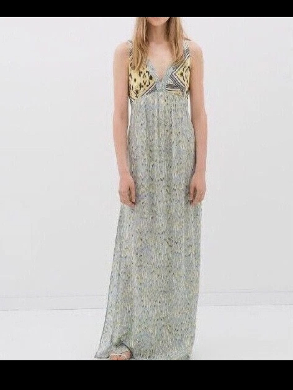 Zara Basics Yellow and Gray Printed Boho Maxi Dress
